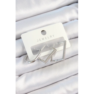 Pirinç Zirkon Taşlı Dikdörtgen Model Gümüş Renk 3lü Çift Kadın Küpe Set