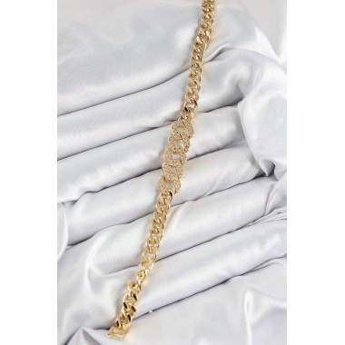Pirinç Zirkon Taşlı Ezme Küba Zincir Model Gold Renk Kadın Bileklik