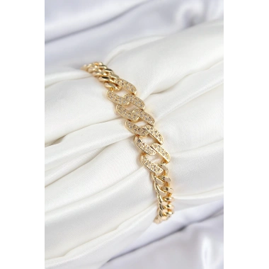 Pirinç Zirkon Taşlı Ezme Küba Zincir Model Gold Renk Kadın Bileklik