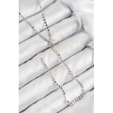 Pirinç Zirkon Taşlı Ezme Zincirli Deniz Yıldızı Model Gümüş Renk Y Kolye