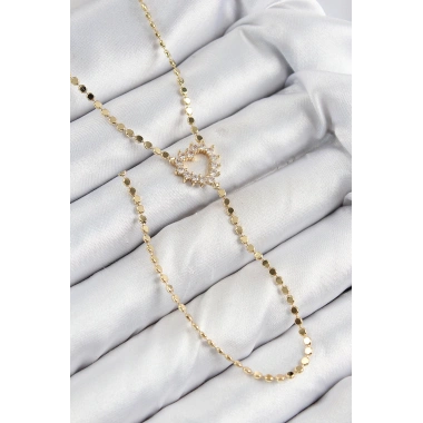 Pirinç Zirkon Taşlı Ezme Zincirli Kalp Model Gold Renk Y Kolye