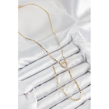 Pirinç Zirkon Taşlı Ezme Zincirli Kalp Model Gold Renk Y Kolye