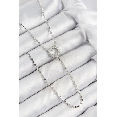 Pirinç Zirkon Taşlı Ezme Zincirli Kalp Model Gümüş Renk Y Kolye