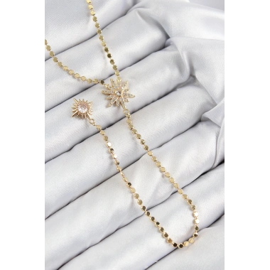 Pirinç Zirkon Taşlı Ezme Zincirli Kutup Yıldızı Model Gold Renk Y Kolye