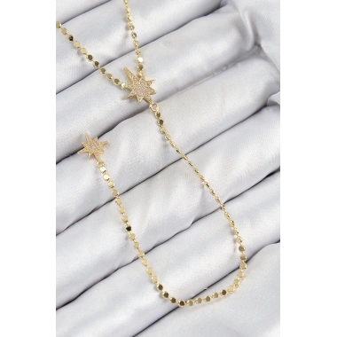 Pirinç Zirkon Taşlı Ezme Zincirli Kutup Yıldızı Model Gold Renk Y Kolye