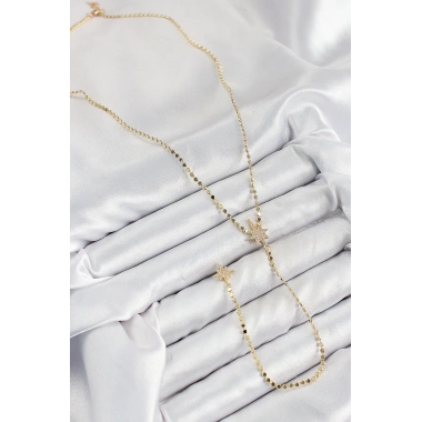 Pirinç Zirkon Taşlı Ezme Zincirli Kutup Yıldızı Model Gold Renk Y Kolye