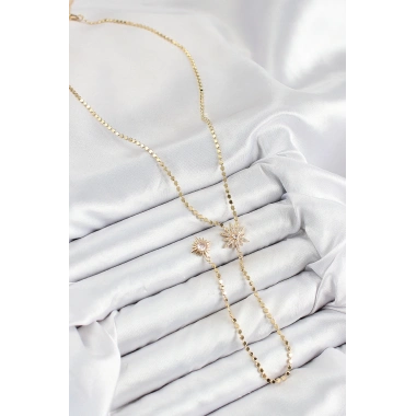Pirinç Zirkon Taşlı Ezme Zincirli Kutup Yıldızı Model Gold Renk Y Kolye