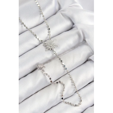 Pirinç Zirkon Taşlı Ezme Zincirli Kutup Yıldızı Model Gümüş Renk Y Kolye