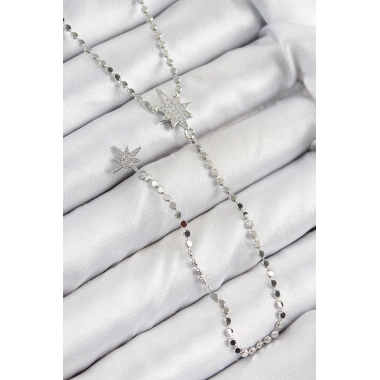 Pirinç Zirkon Taşlı Ezme Zincirli Kutup Yıldızı Model Gümüş Renk Y Kolye