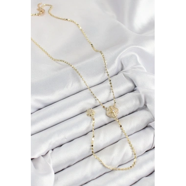 Pirinç Zirkon Taşlı Ezme Zincirli Madalyon Model Gold Renk Y Kolye