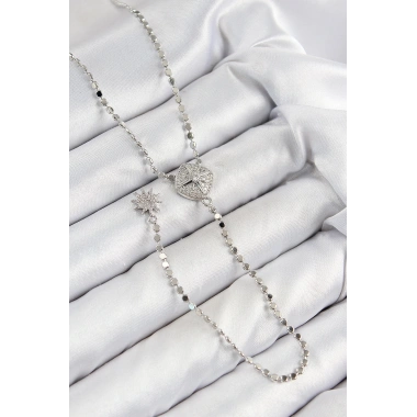 Pirinç Zirkon Taşlı Ezme Zincirli Madalyon Model Gümüş Renk Y Kolye