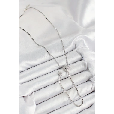 Pirinç Zirkon Taşlı Ezme Zincirli Madalyon Model Gümüş Renk Y Kolye