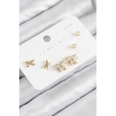 Pirinç Zirkon Taşlı Fiyonk Model Gold Renk 925 Ayar Gümüş Çivi Kadın Küpe Set