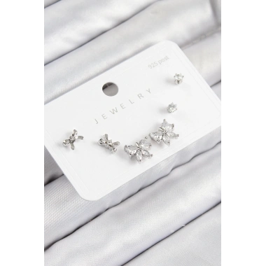 Pirinç Zirkon Taşlı Fiyonk Model Gümüş Renk 925 Ayar Gümüş Çivi Kadın Küpe Set