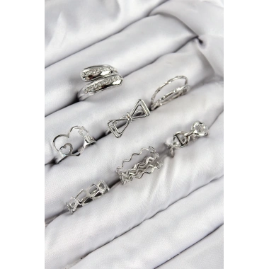 Pirinç Zirkon Taşlı Fiyonk Ve Kalp Model Gümüş Renk Kadın Yüzük Kombin Set