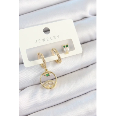 Pirinç Zirkon Taşlı Göz Ve Baykuş Model Gold Renk 3lü Çift Kadın Küpe Set