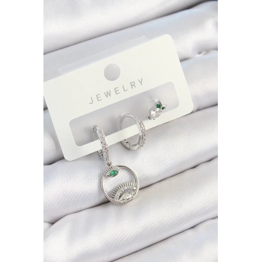 Pirinç Zirkon Taşlı Göz Ve Baykuş Model Gümüş Renk 3lü Çift Kadın Küpe Set