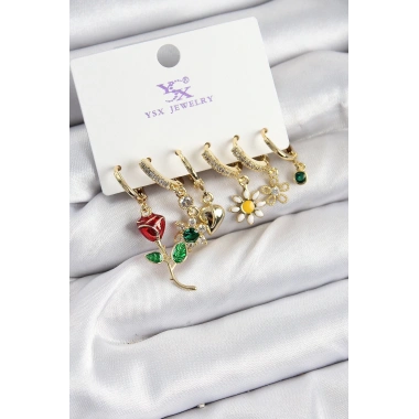 Pirinç Zİrkon Taşlı Gül Ve Papatya Model Gold Renk 3lü Çift Kadın Küpe
