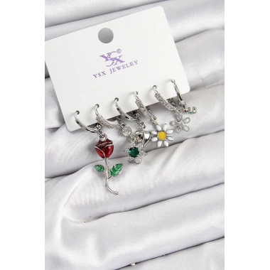 Pirinç Zİrkon Taşlı Gül Ve Papatya Model Gümüş Renk 3lü Çift Kadın Küpe