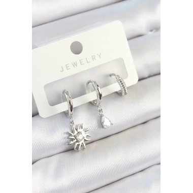 Pirinç Zirkon Taşlı Güneş Model Gümüş Renk 3lü Çift Kadın Küpe Set