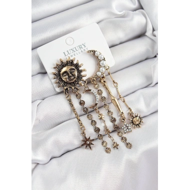 Pirinç Zirkon Taşlı Güneş Ve Ay Figürlü Eskitme Model Sallantılı Küpe