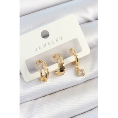 Pirinç Zirkon Taşlı Halka Model Gold Renk 3lü Çift Kadın Küpe Set