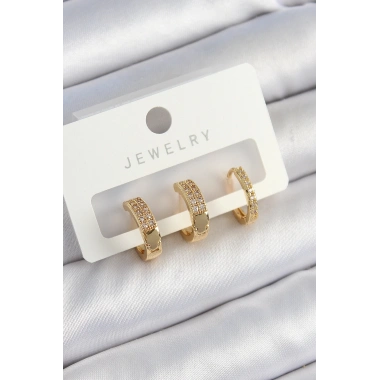 Pirinç Zirkon Taşlı Halka Model Gold Renk 3lü Çift Kadın Küpe Set