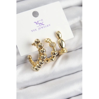 Pirinç Zİrkon Taşlı Halka Model Gold Renk 3lü Kadın Küpe