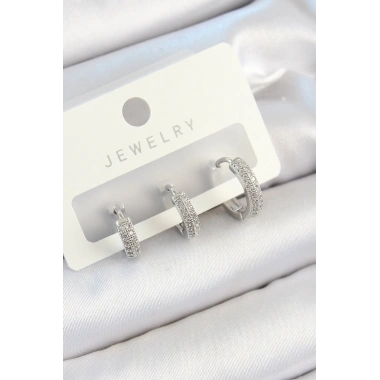 Pirinç Zirkon Taşlı Halka Model Gümüş Renk 3lü Çift Kadın Küpe Set