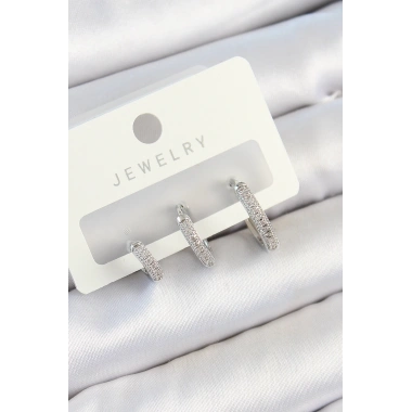 Pirinç Zirkon Taşlı Halka Model Gümüş Renk 3lü Çift Kadın Küpe Set