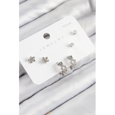 Pirinç Zirkon Taşlı Halka Model Gümüş Renk 925 Ayar Gümüş Çivi Kadın Küpe Set