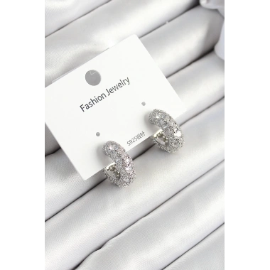 Pirinç Zirkon Taşlı Halka Model Gümüş Renk Kadın Küpe