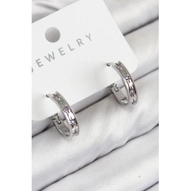 Pirinç Zirkon Taşlı Halka Model Gümüş Renk Kadın Küpe