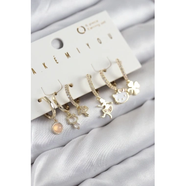 Pirinç Zirkon Taşlı Hello Kity Ve Yonca Model Gold Renk 6lı Küpe Set