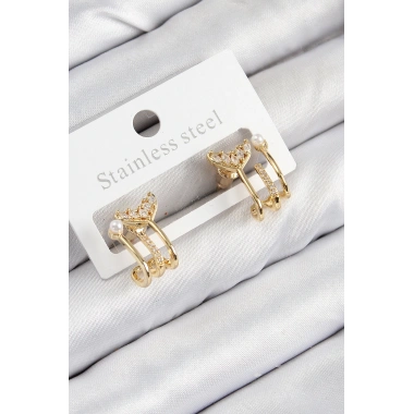 Pirinç Zirkon Taşlı İnci Detaylı Balık Kuyruğu Model Gold Renk Kadın Küpe