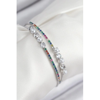 Pirinç Zirkon Taşlı İnci Model Gümüş Renk Kadın Bileklik