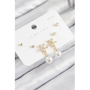 Pirinç Zirkon Taşlı İnci Sallantılı Çiçek Model Gümüş Renk 925 Ayar Gümüş Çivi Kadın Küpe Set