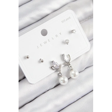 Pirinç Zirkon Taşlı İnci Sallantılı Damla Model Gümüş Renk 925 Ayar Gümüş Çivi Kadın Küpe Set