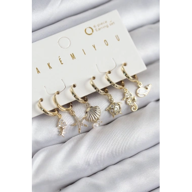 Pirinç Zirkon Taşlı İstiridye Balina Ve Yıldız Gold Renk 6lı Küpe Set