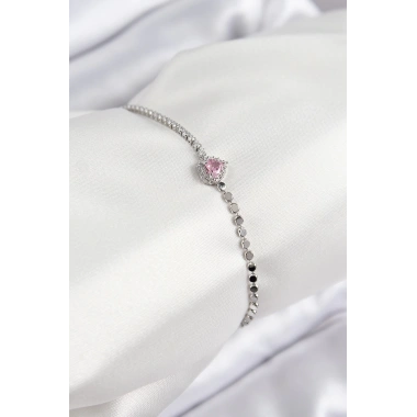 Pirinç Zirkon Taşlı Kalp Model Ezme Zincir Gümüş Renk Kadın Bileklik