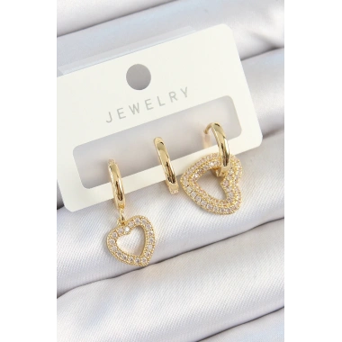 Pirinç Zirkon Taşlı Kalp Model Gold Renk 3lü Çift Kadın Küpe Set
