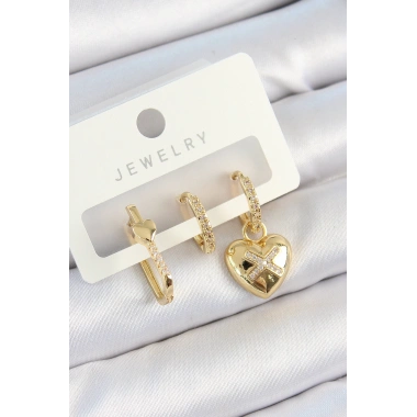 Pirinç Zirkon Taşlı Kalp Model Gold Renk 3lü Çift Kadın Küpe Set