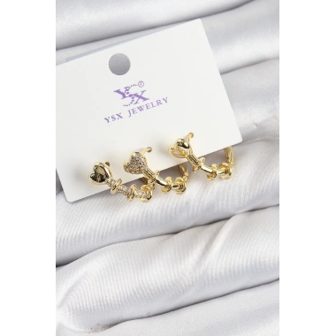 Pirinç Zİrkon Taşlı Kalp Model Gold Renk 3lü Kadın Küpe