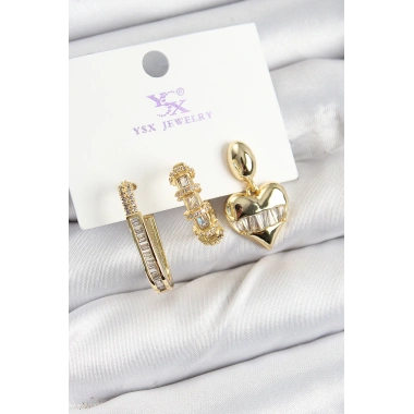 Pirinç Zİrkon Taşlı Kalp Model Gold Renk 3lü Kadın Küpe