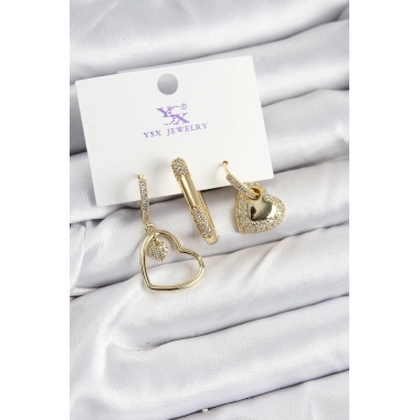 Pirinç Zİrkon Taşlı Kalp Model Gold Renk 3lü Kadın Küpe