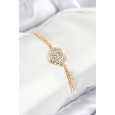 Pirinç Zirkon Taşlı Kalp Model Gold Renk Asansörlü Kadın Bileklik
