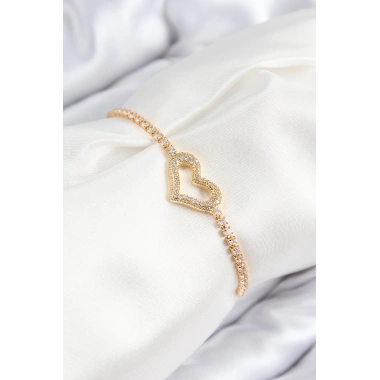Pirinç Zirkon Taşlı Kalp Model Gold Renk Asansörlü Kadın Bileklik