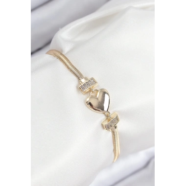 Pirinç Zirkon Taşlı Kalp Model Gold Renk Kadın Bileklik