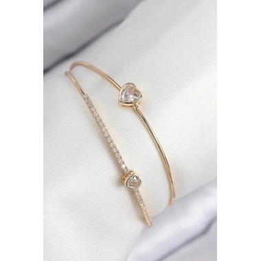 Pirinç Zirkon Taşlı Kalp Model Gold Renk Kadın Bileklik