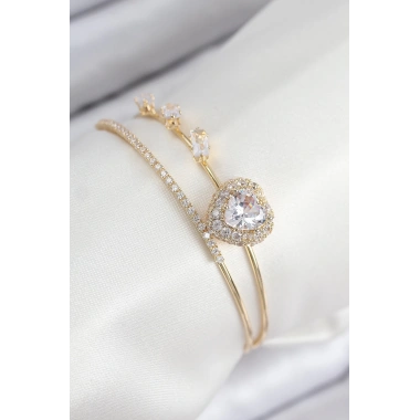 Pirinç Zirkon Taşlı Kalp Model Gold Renk Kadın Bileklik